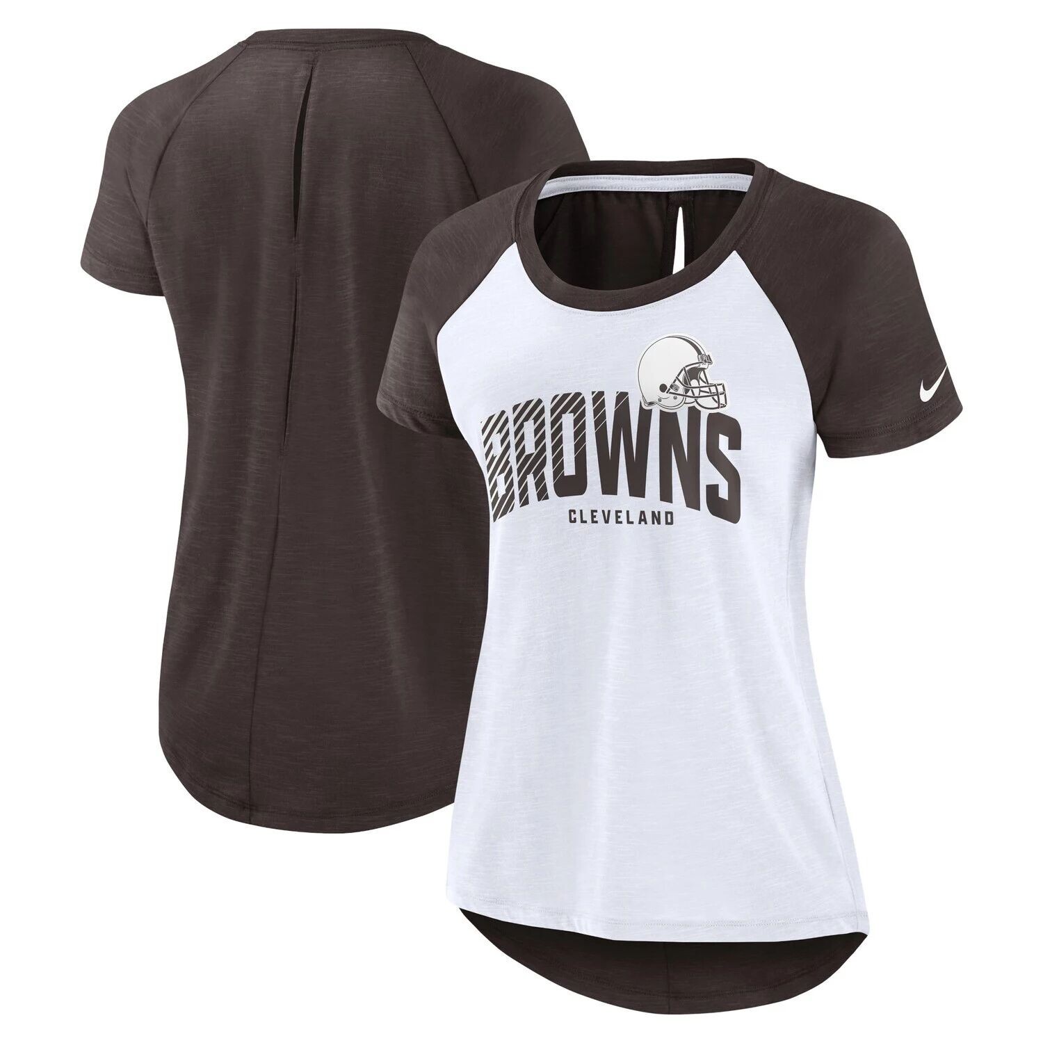 

Женская футболка реглан Nike White/Heather Brown Cleveland Browns с вырезом на спине Nike