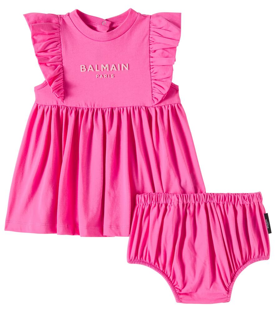 

Детский хлопковый трикотажный комплект с платьем и панталонами Balmain Kids, Fuxia/Rosa