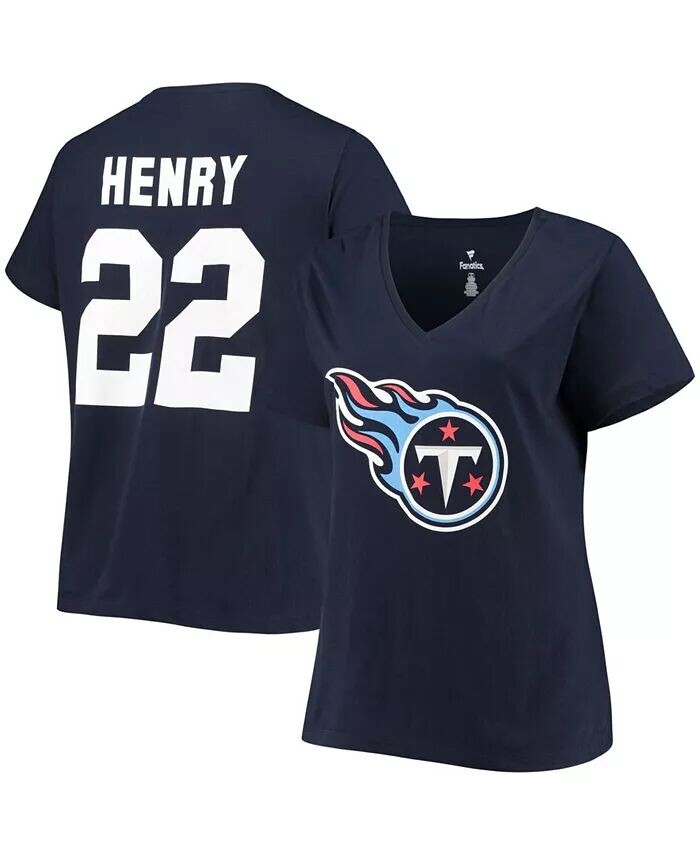 

Женская футболка больших размеров Derrick Henry Navy Tennessee Titans с именем и номером с v-образным вырезом Fanatics