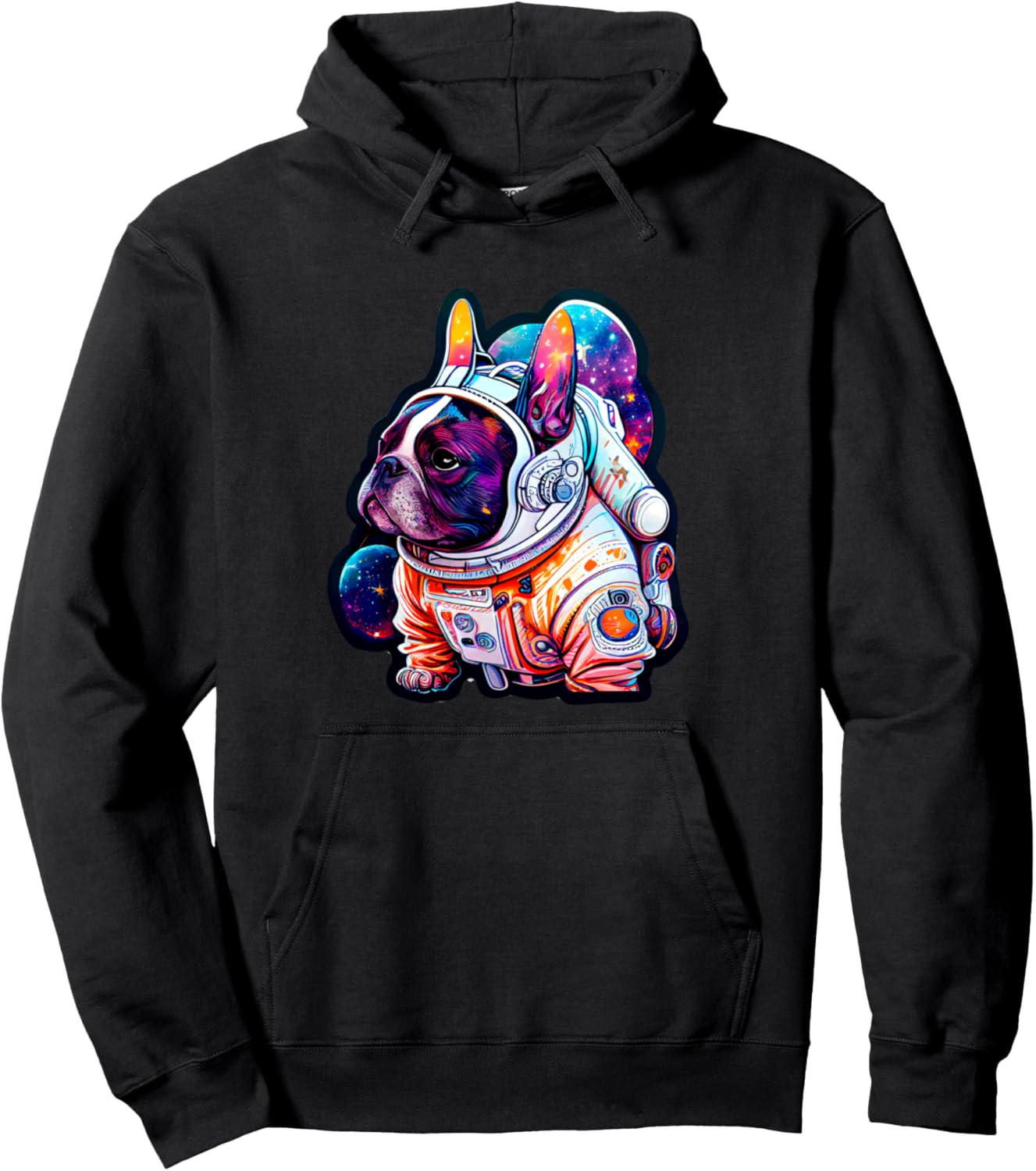 

Толстовка с изображением бульдога-космонавта и символикой «Галактические мечты астронавта» Intergalactic French Bulldog Adventures Cosmic, черный