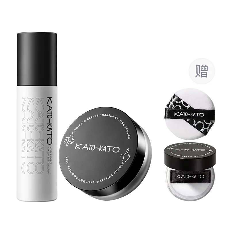 KATO-KATO KATO рассыпчатая пудра и спрей для фиксации макияжа, контроль жирного блеска, стойкость, коррекция тона кожи 100 мл+6,5 г/100 мл+8 г, 304 Tender+Long-Lasting Makeup Spray (Black Cap) with 1g Nude Loose Powder+Powder Puff