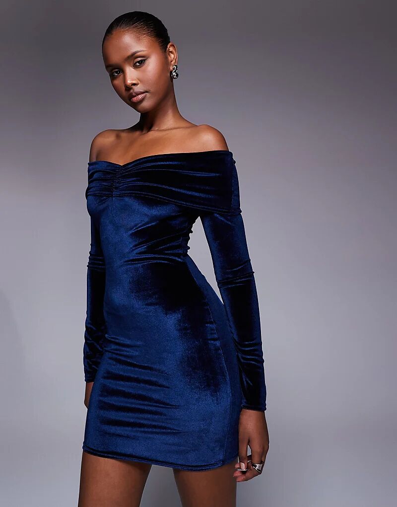 

Эксклюзивное мини-платье Kaiia с вырезом сердечком и длинными рукавами из темно-синего бархата