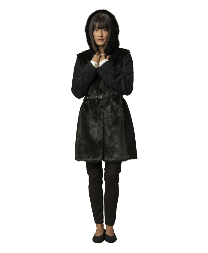 

Элегантное пальто из искусственного меха с поясом Kocca, черный