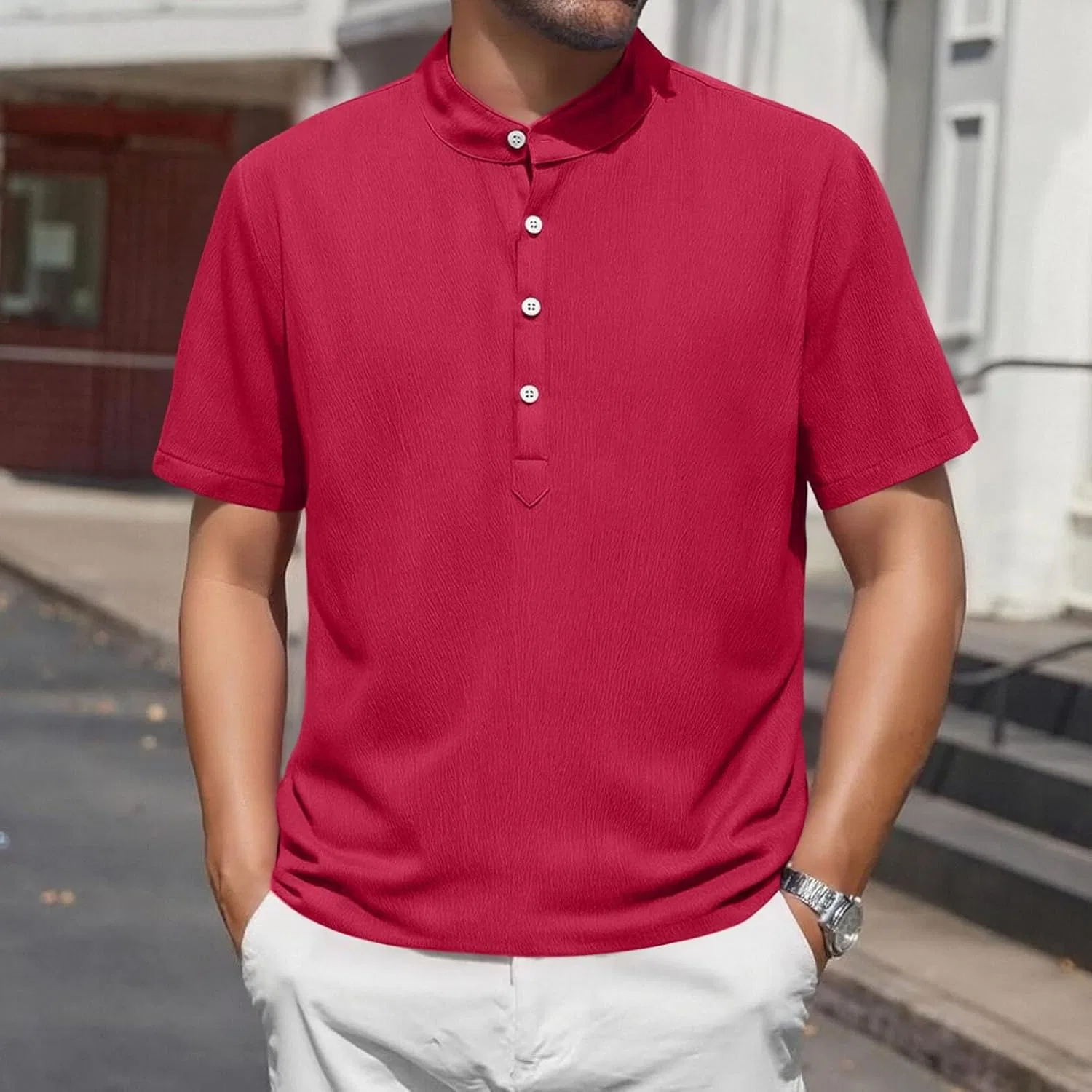 Футболка мужская с воротником-стойкой, повседневная, короткий рукав, Cotton Linen, A02_red — фото 2
