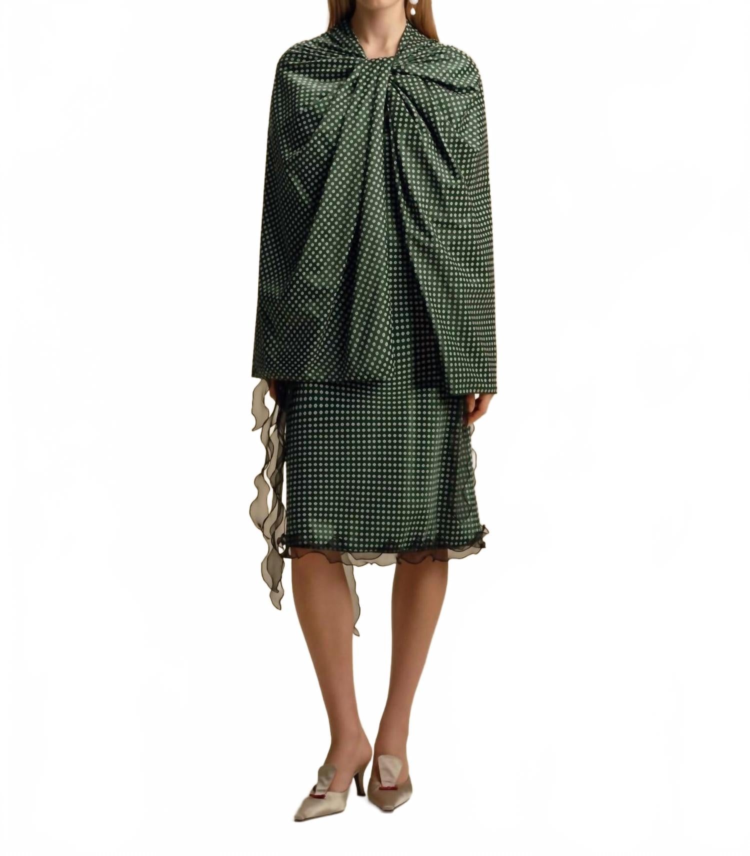 

Топ-накидка из атласной саржи с микроцветочным принтом Marina Moscone, micro floral print