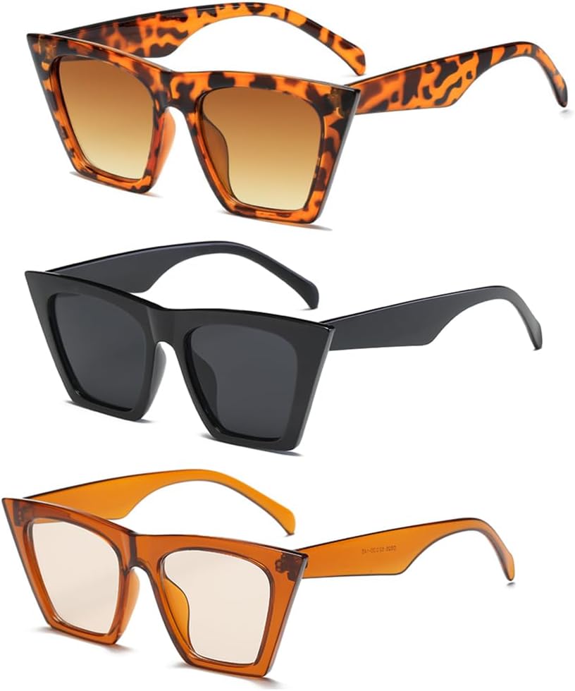 

Женские модные квадратные солнцезащитные очки «кошачий глаз», комплект из 3 штук. Мужские винтажные очки в стиле «кошачий глаз» с защитой от ультрафиолета UV400 Azoxus, Black+tortoise+orange