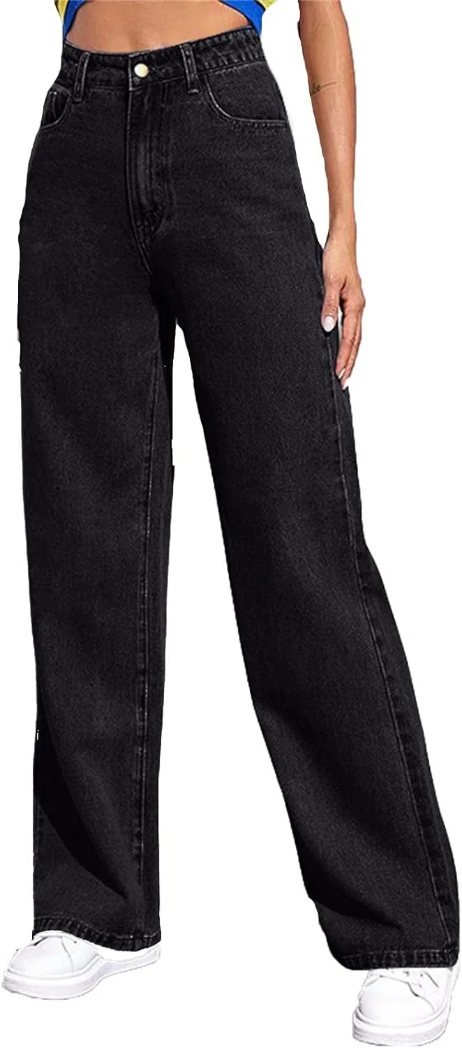 Джинсы прямые и широкие, High Waisted, Black