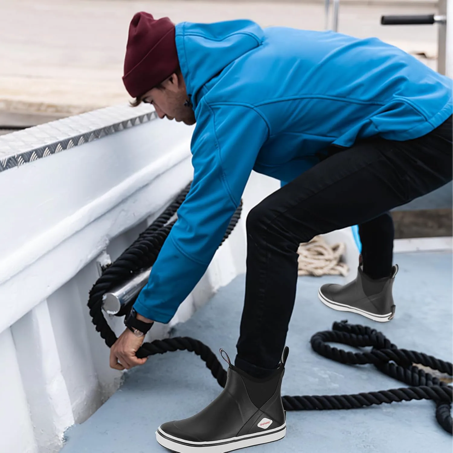 Мужские ботинки Showave Deck водонепроницаемые резиновые ботинки до щиколотки, противоскользящие для лодок, для парусного спорта, рыбалки и активного отдыха на природе, черный — фото 3