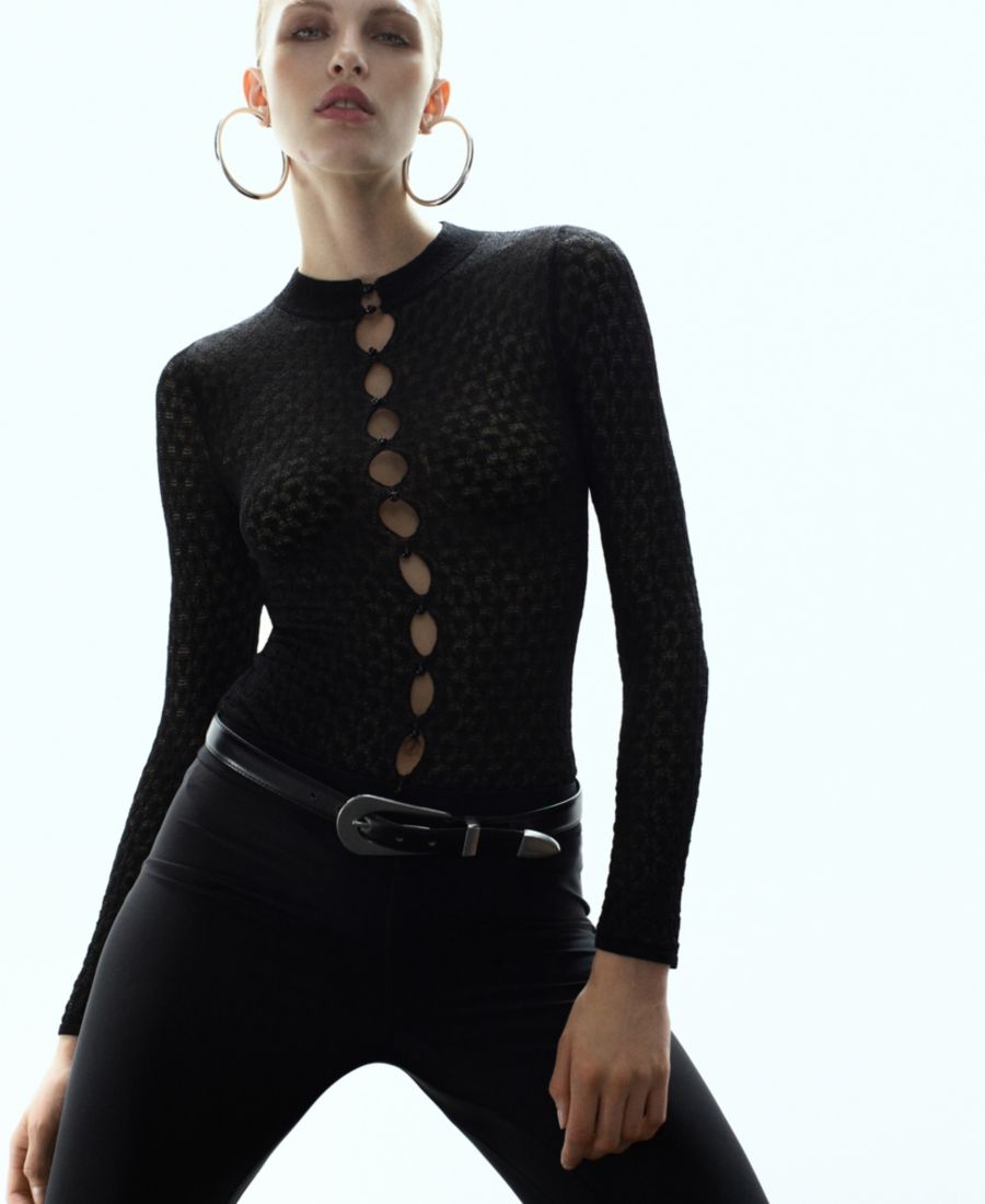 

Женский вязаный свитер с ажурной отделкой и бисером MANGO, Black