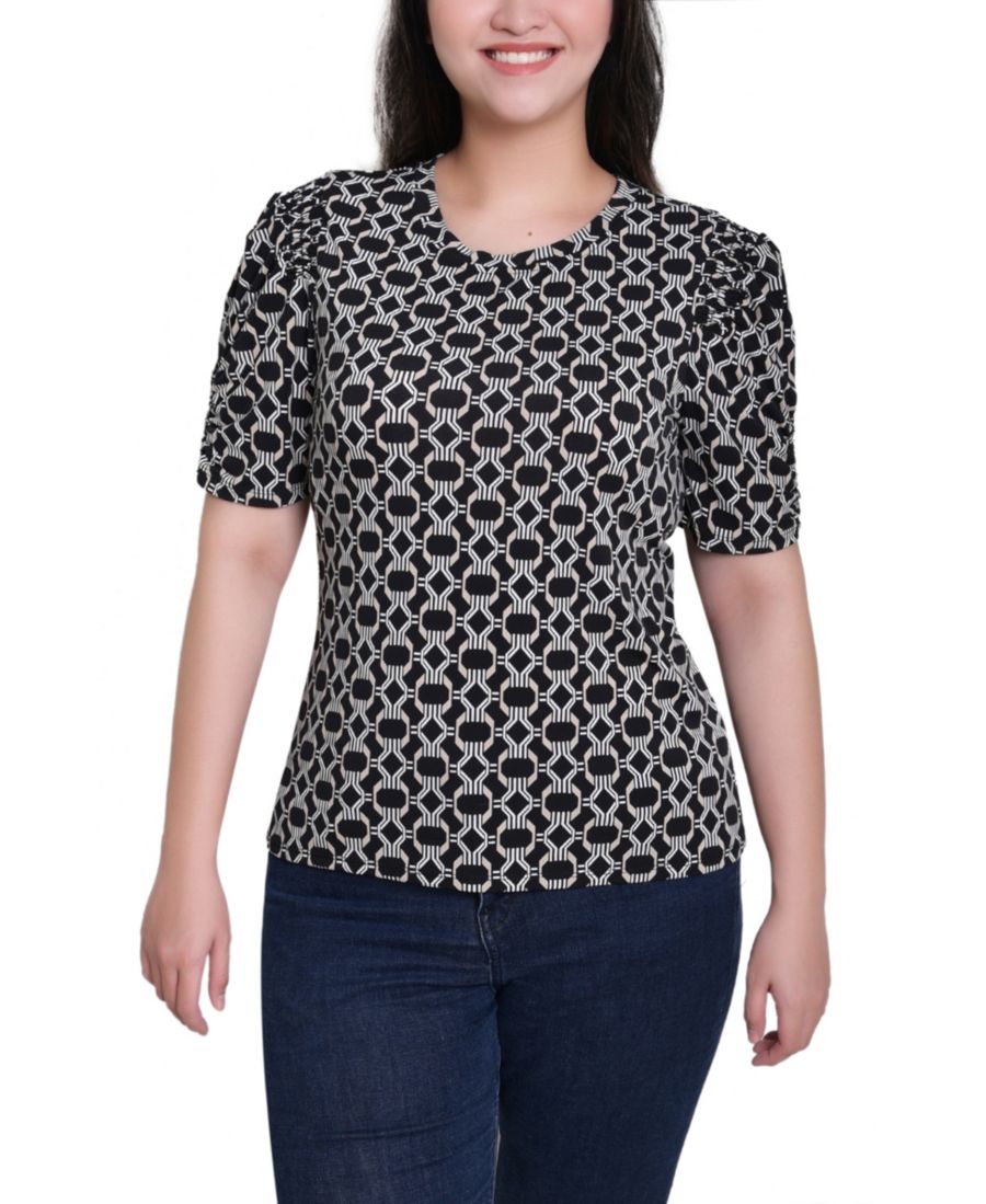 

Укороченный топ с коротким рукавом и вырезом-лодочкой NY Collection, Black White Zigzag Square
