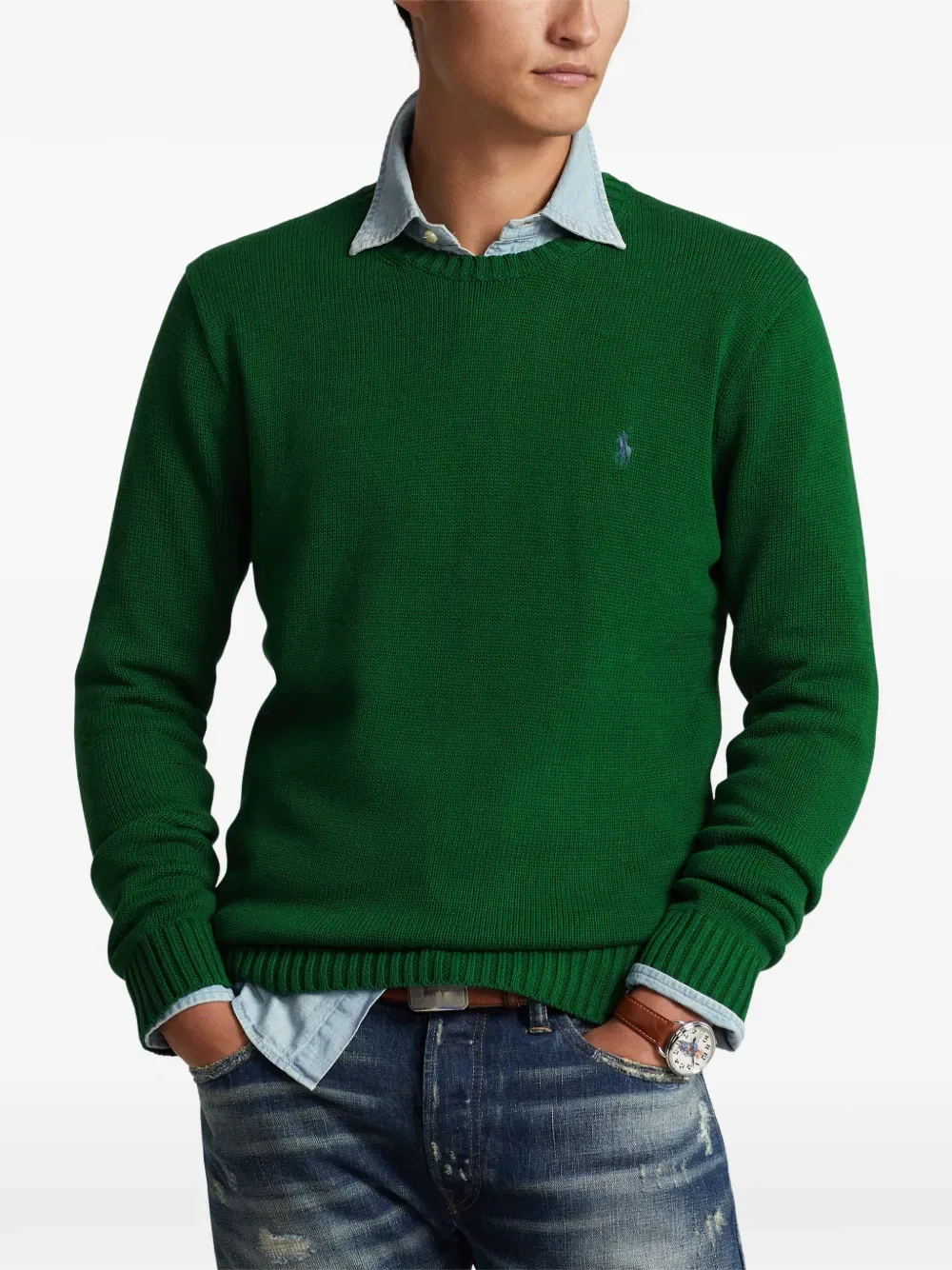 Свитер с круглым вырезом и вышитым логотипом Polo Ralph Lauren, зеленый — фото 3