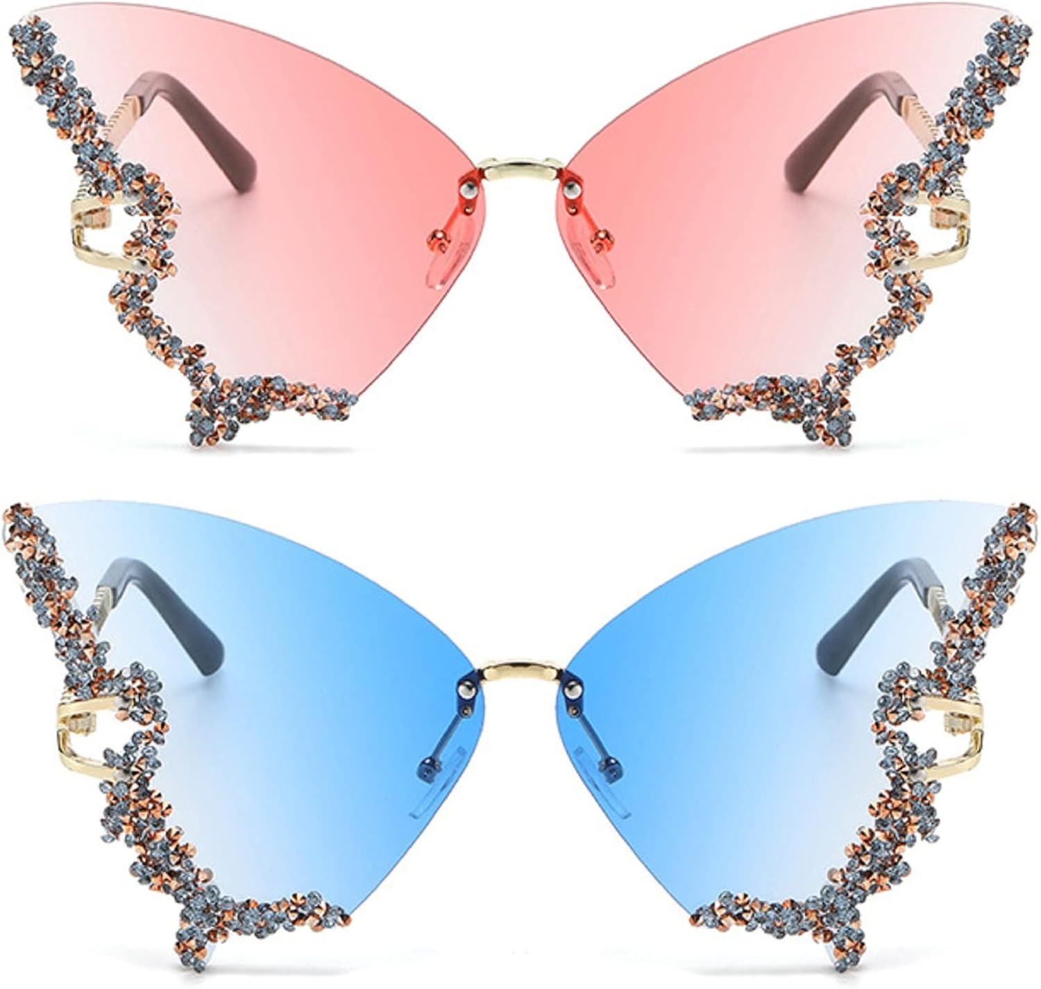 

Винтажные солнцезащитные очки без оправы с крупными стразами для женщин, ослепительные очки с бриллиантами в форме бабочки, роскошные солнцезащитные очки для женщин mincl, 2pcs-blue&pink