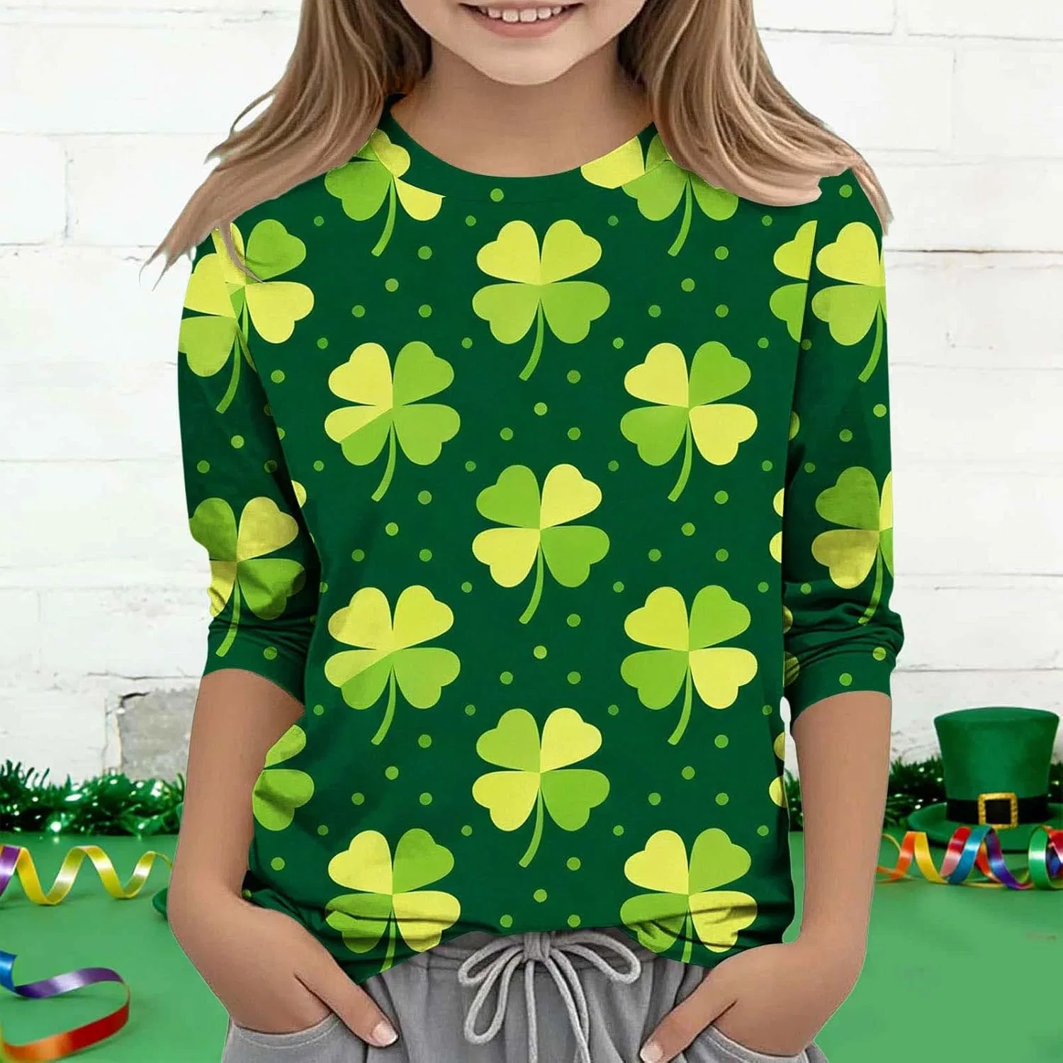 Детская футболка с принтом Shamrock, Zzalalana, 3/4 рукав, Green — фото 3