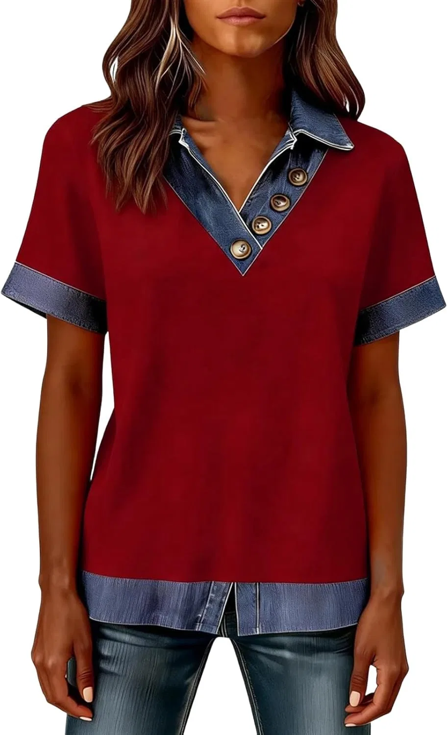 Женская блуза с воротником, джинсовая отделка, короткий рукав, Slim Fit, N003- Deep Red — фото 3