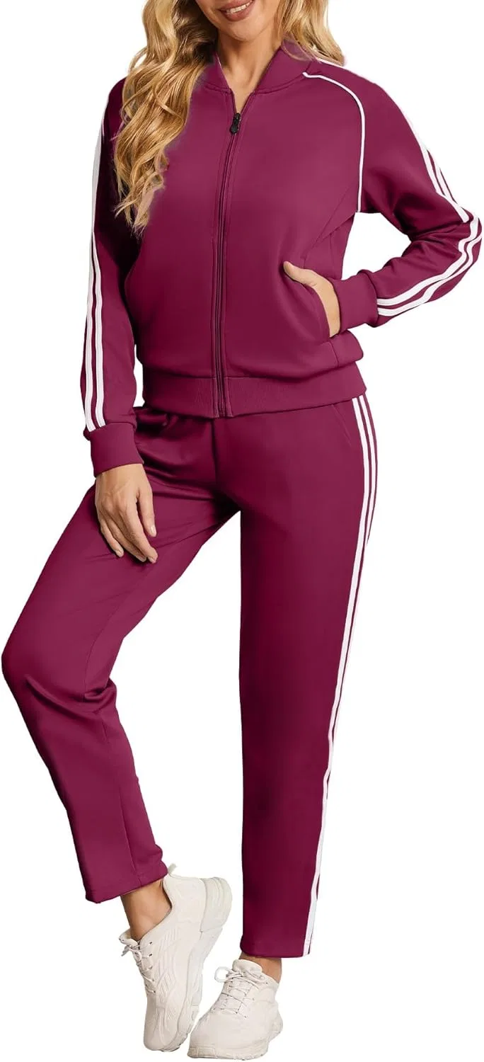 Женский спортивный костюм с молнией, полосками, Generic, красный