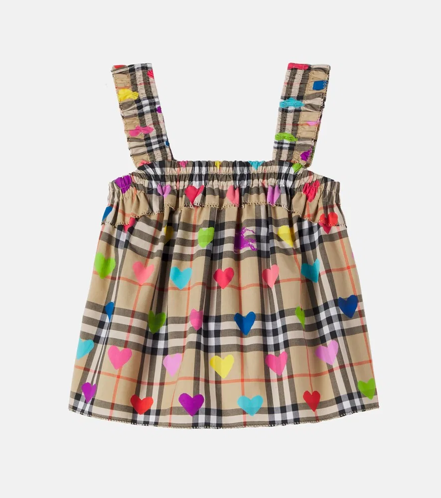 Хлопковый топ с клетчатым принтом Burberry Burberry Kids, бежевый — фото 2