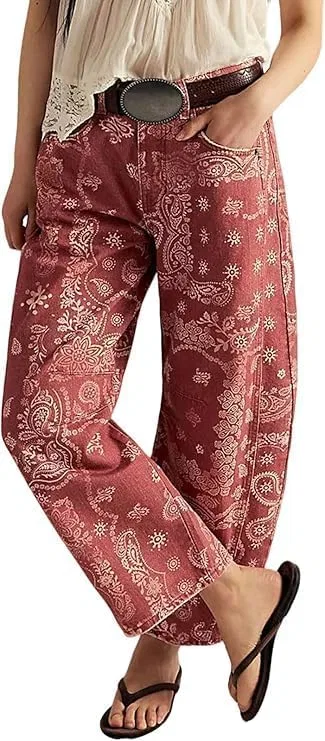 Джинсы с цветочным принтом, широкие, Rose Red