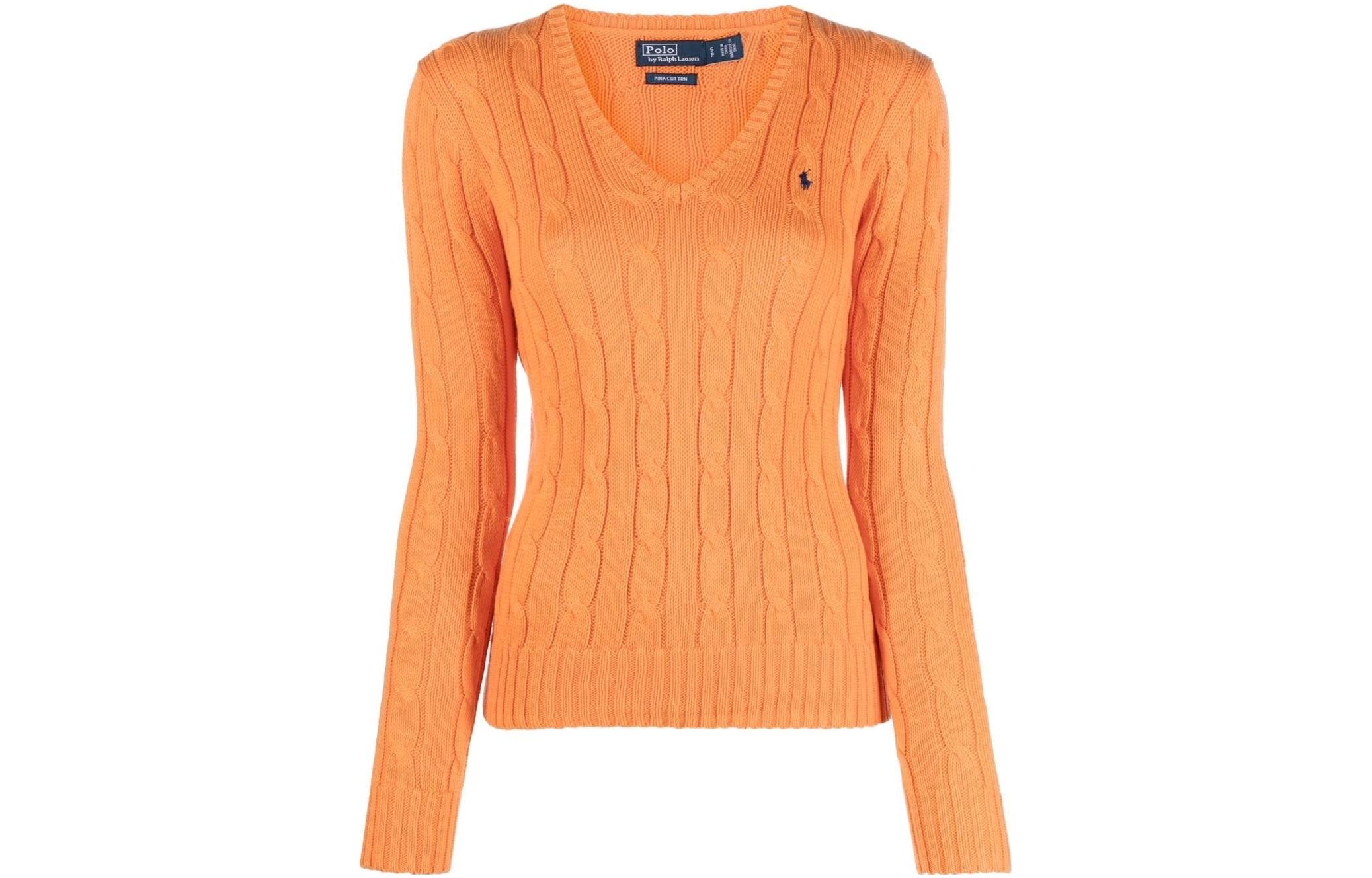Джемпер с v-образным вырезом и косой вязкой Polo Ralph Lauren, оранжевый — фото 3