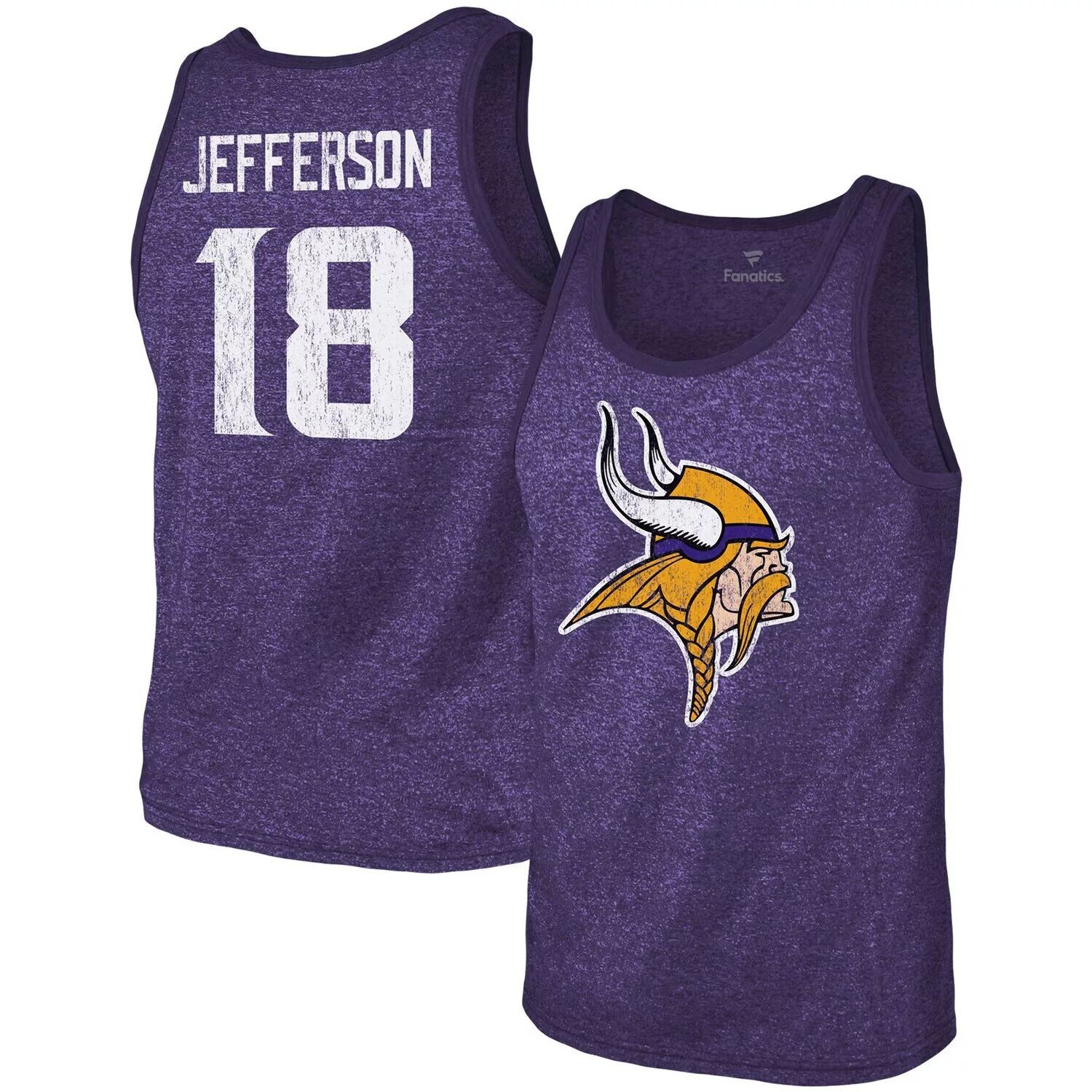 

Мужская футболка Justin Jefferson Heathered Purple Minnesota Vikings с именем и номером, футболка Tri-Blend Majestic