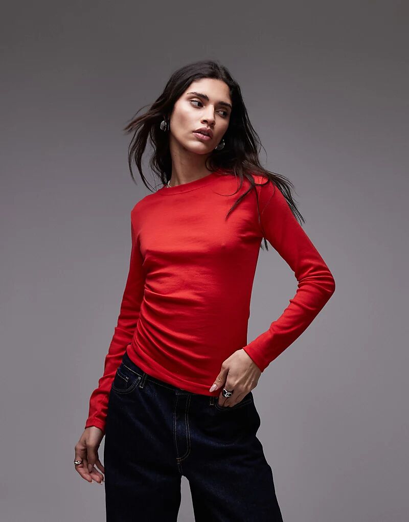 

Топ с длинными рукавами и завязками по бокам ярко-красного цвета Topshop
