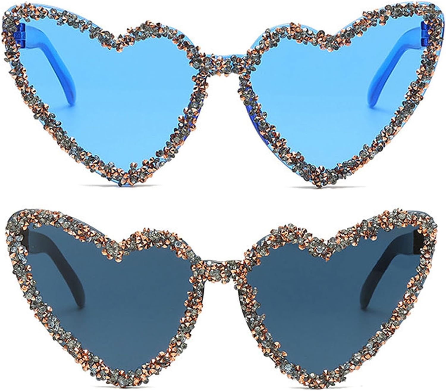 

willochra Милые солнцезащитные очки без оправы с сердечками, украшенные стразами, для женщин, блестящие очки с бриллиантами, «кошачий глаз», стильные очки для вечеринок, 2pcs-black&dark Blue