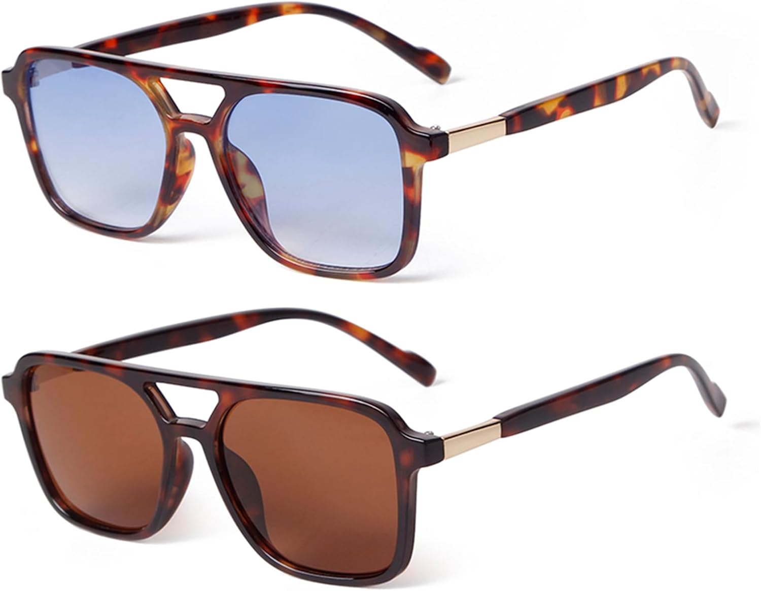 

VIA LEECA, комплект из 2 ретро-солнцезащитных очков-авиаторов для женщин и мужчин, модные квадратные солнцезащитные очки в стиле 70-х годов, Brown Tortoise Frame Blue Grading Lens / Brown Tortoise Frame Brown Lens