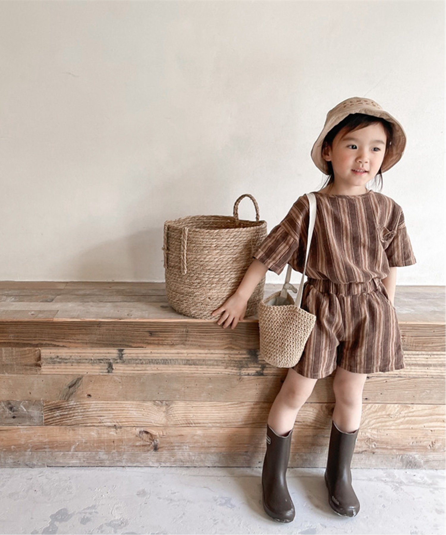 Детский корейский комплект одежды /(K) [aimoha-KIDS-] с коротким рукавом в полоску. Aimoha Kids, brown — фото 2