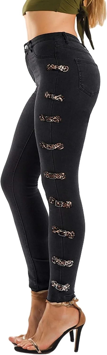 

GGUHHU Женские джинсы скинни с леопардовыми вставками по бокам