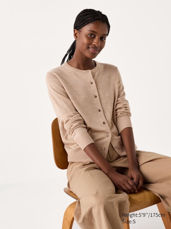 

Кардиган с круглым вырезом из мериноса Uniqlo, бежевый