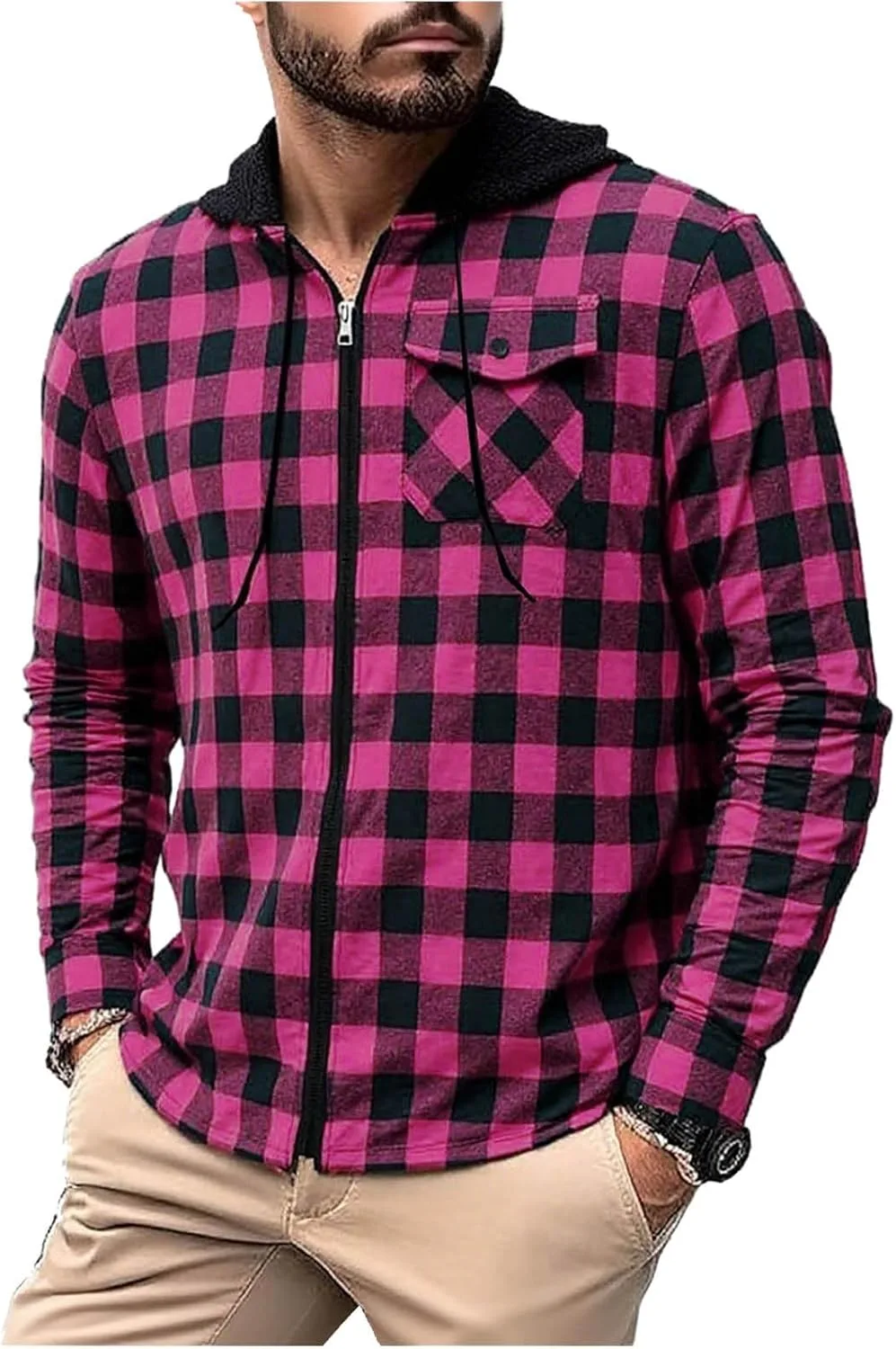 

Мужская клетчатая толстовка-рубашка с карманом и молнией спереди