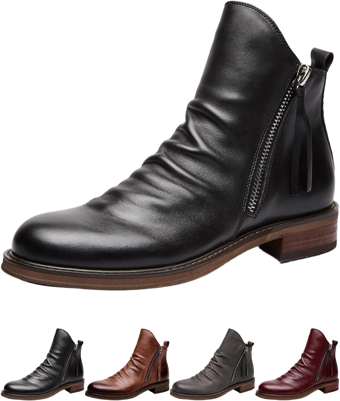

Мужские модные кожаные челси, винтажные классические ботинки с заостренным носком, высокие с двойной боковой молнией, деловые офисные короткие ботинки Geezxwsl, черный