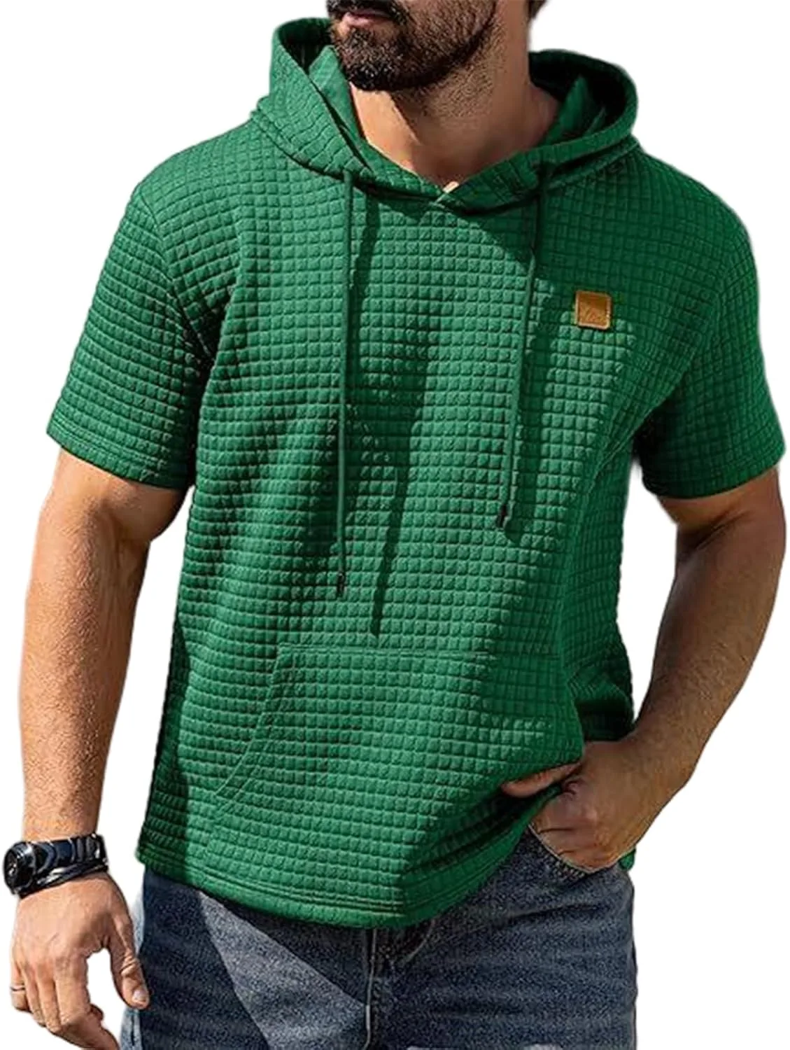 

Мужская худи с короткими рукавами Waffle Knit Casual Oversized Sun Hoodie