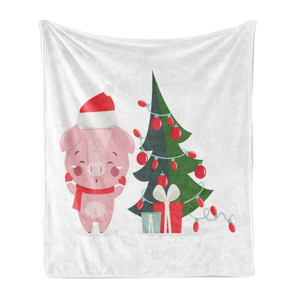 

Рождественское мягкое фланелевое флисовое одеяло ABAKUHAUS, Happy Pig with Christmas Tree, уютный плюш для использования в помещении и на улице, 125 x 175 см, белый и разноцветный