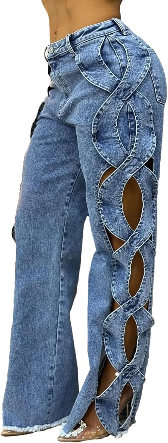 

Tcremisa женские джинсы с разрезами и вырезами, высокие, прямые, широкие