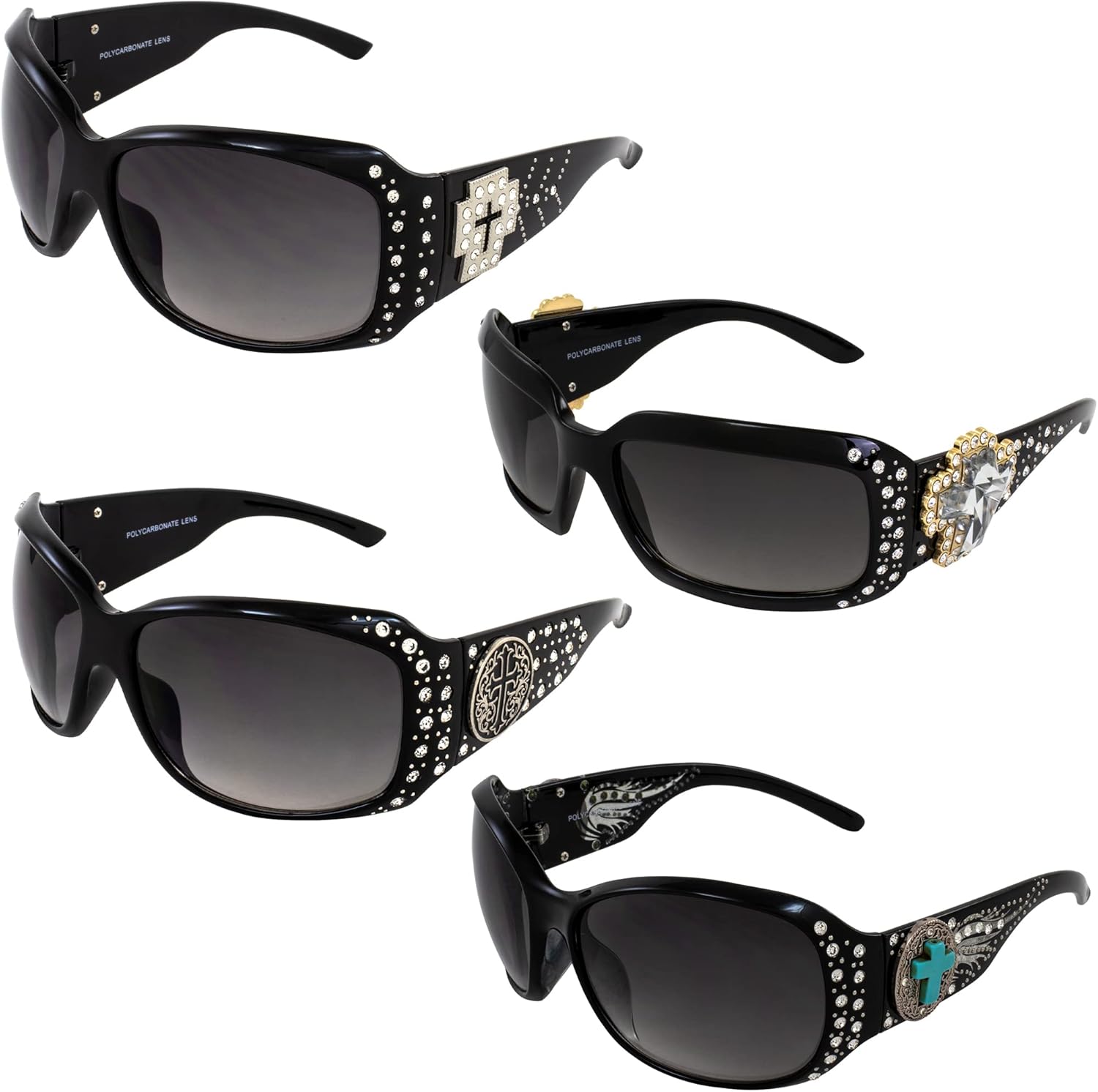 

Женские модные солнцезащитные очки для верховой езды Rodeo Queen, 4 пары, черная оправа с металлическим крестообразным акцентом, стразами и линзами с дымчатым градиентом, Black-smoke