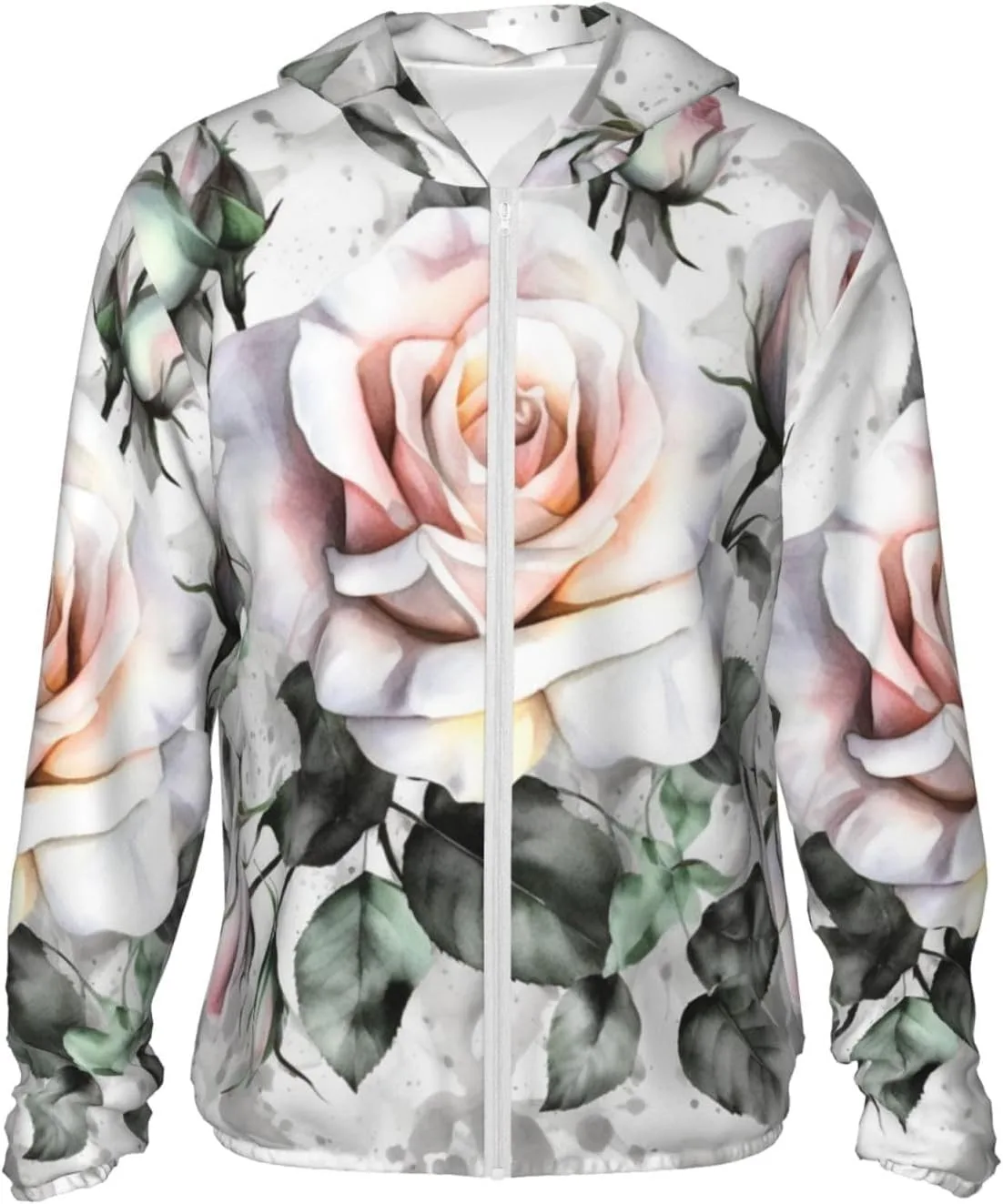 

UPF 50+ легкая куртка на молнии с капюшоном для защиты от солнца, для женщин и мужчин, с длинным рукавом, белый цветочный принт LHBWCVN