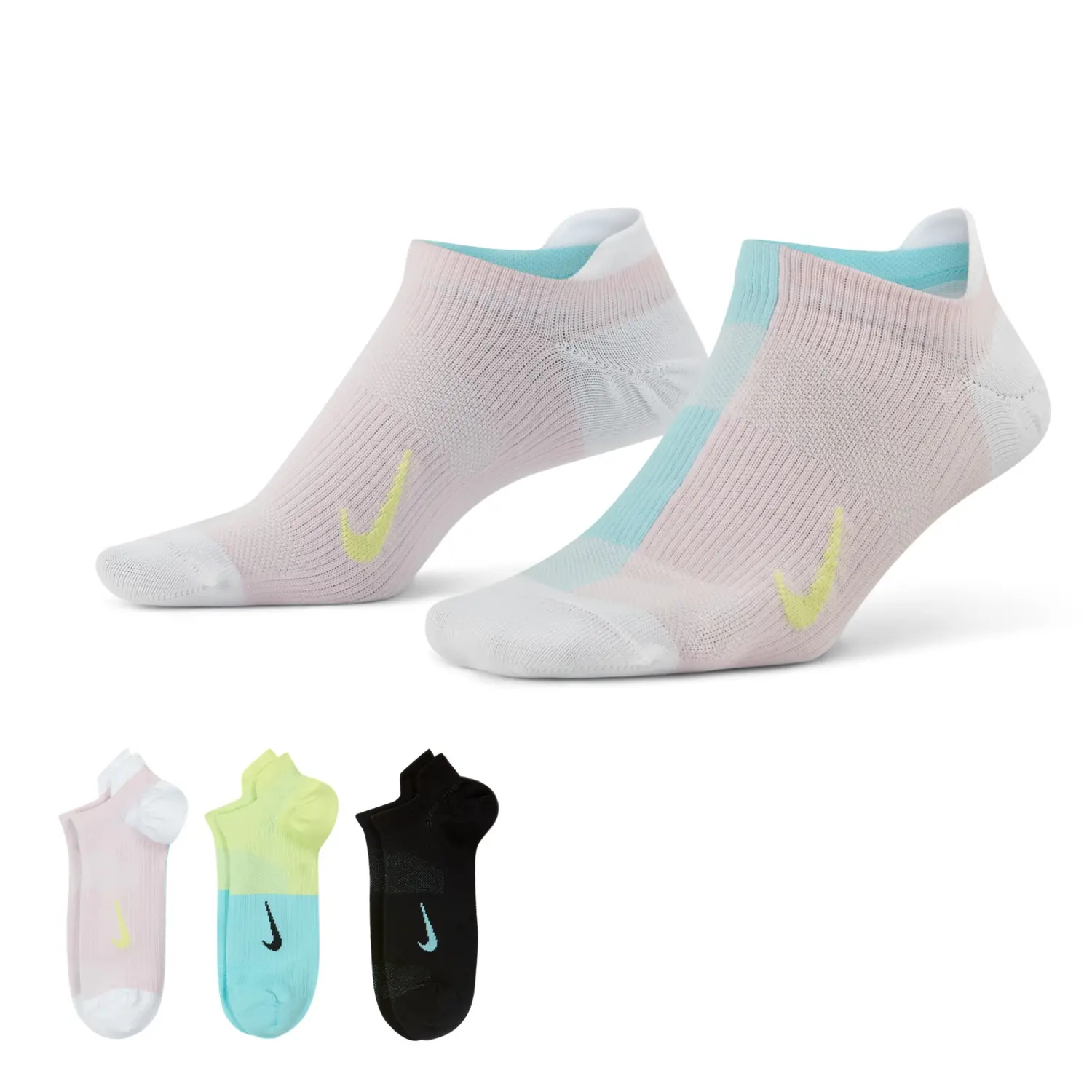 Nike Женские короткие носки, 3 пары, розовый протея, синий, черный, светло-лимонный/светло-лимонный розовый, синий, черный/черный, розовый протея — фото 3
