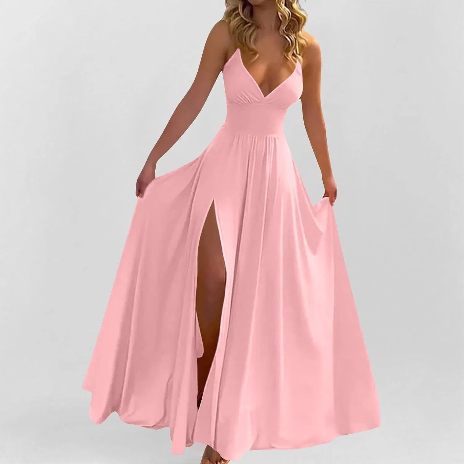 Платье Formal Elegant для Juniors без рукавов с V-образным вырезом и длинным разрезом на макси Generic, розовый — фото 2