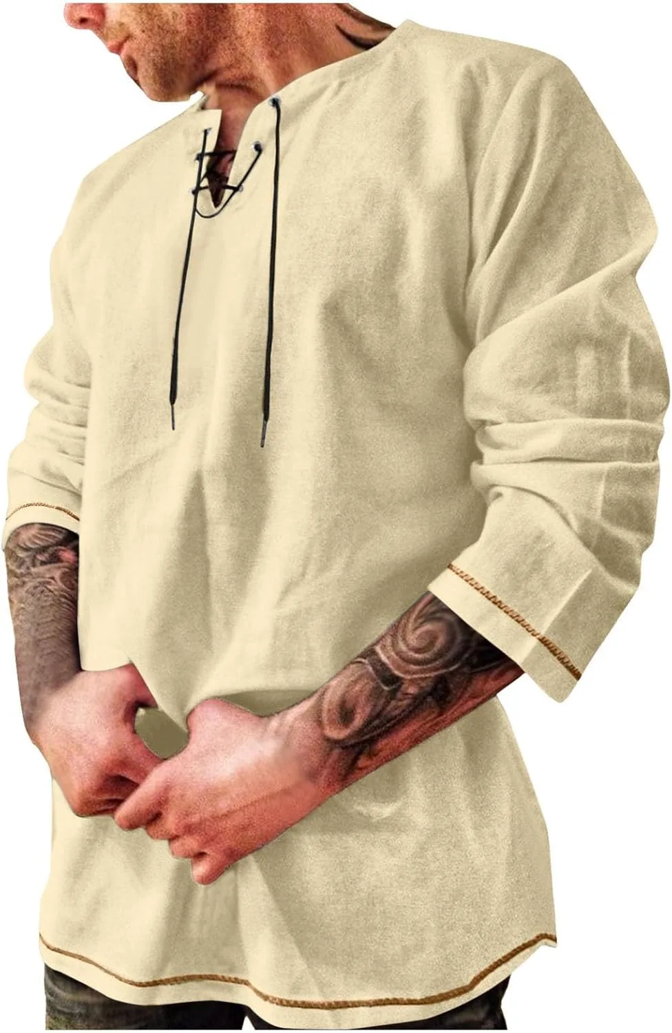 

Мужская футболка с V-образным вырезом и шнуровкой, летняя, хлопок-лен, короткий рукав