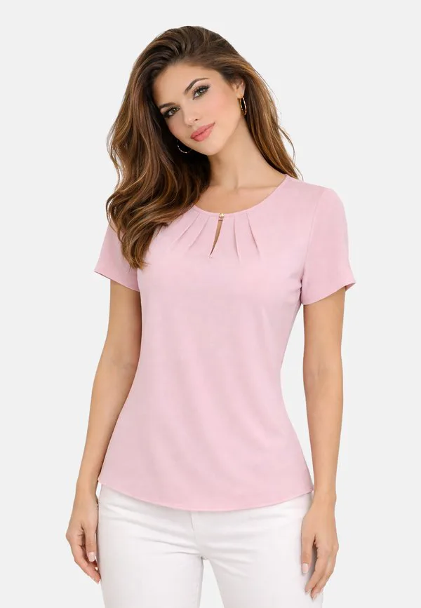 

Базовая футболка с коротким рукавом и плиссированным вырезом. Regina Fashion, Light Pink, Серый, Базовая футболка с коротким рукавом и плиссированным вырезом. Regina Fashion, Light Pink