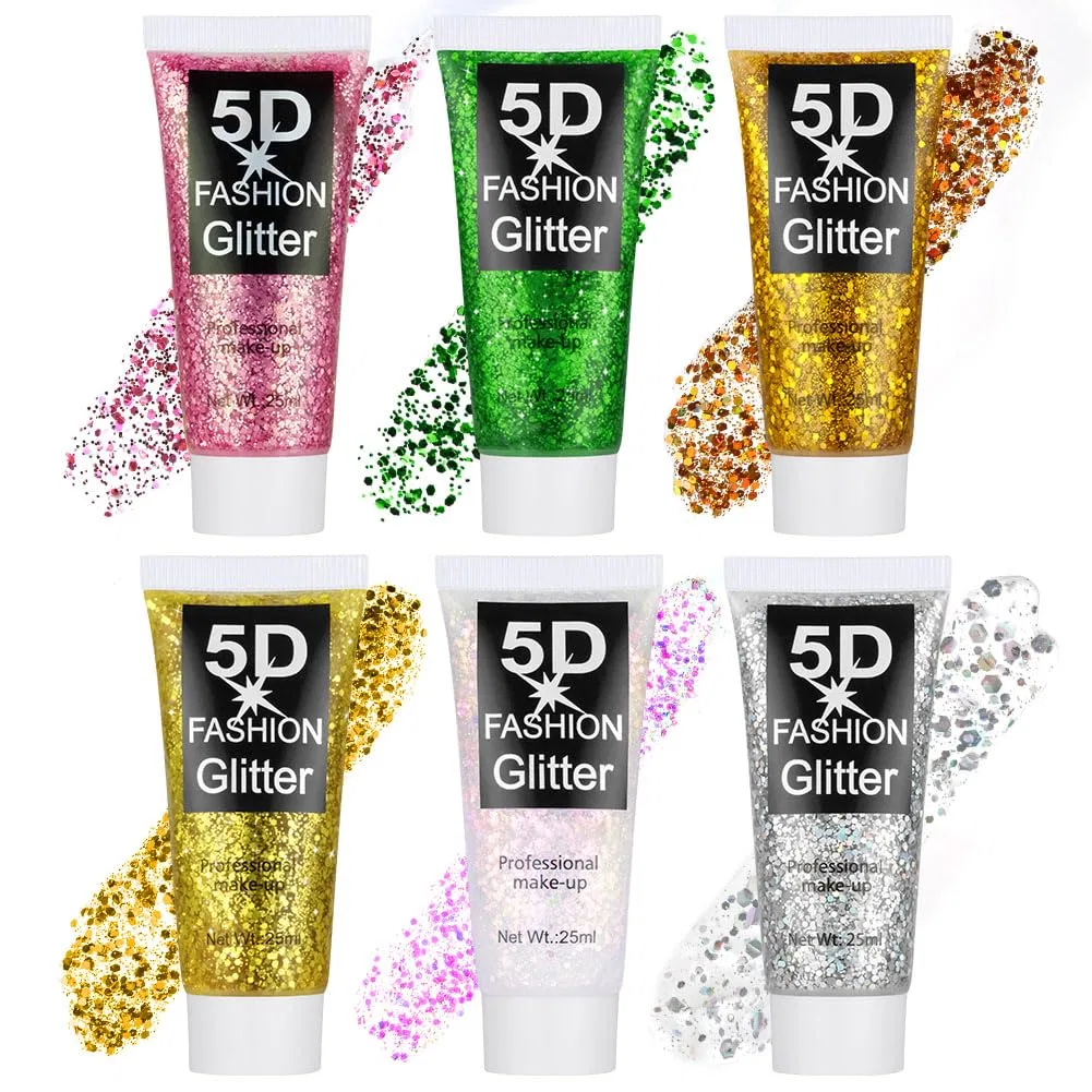 Набор гелевых блесток для тела из 6 штук Aybuy, Golden Yellow + Gold + Transparent Pink + Silver White + Green + Pink