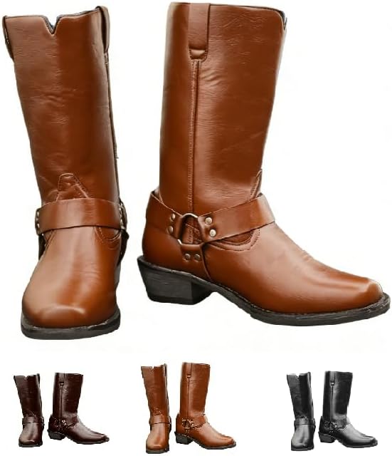 

Классические мужские ковбойские ботинки с квадратным носком, конные ботинки с квадратным носком и ремешком для мотоспорта, мужские повседневные ботинки из ПУ-кожи средней высоты Huayorong, коричневый