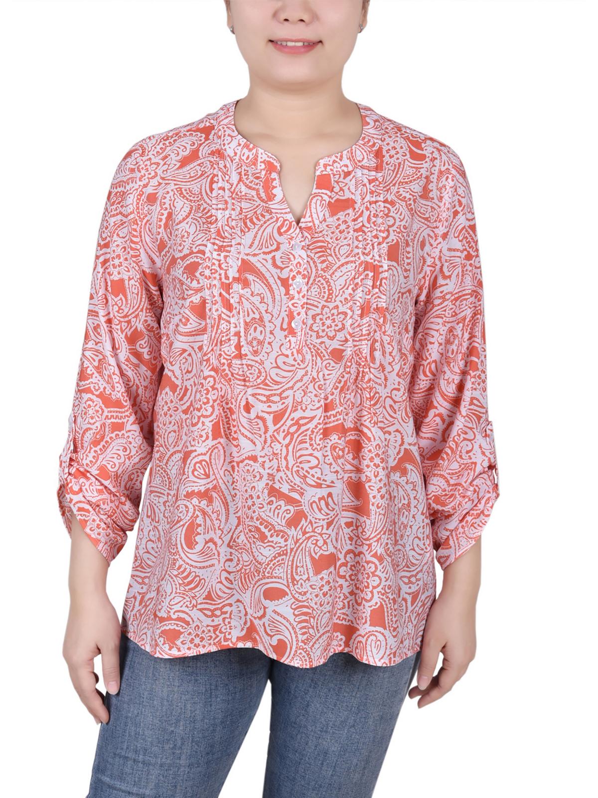 

Женская блузка Petites с принтом и защипами спереди NY Collection, цвет coral ink paisley