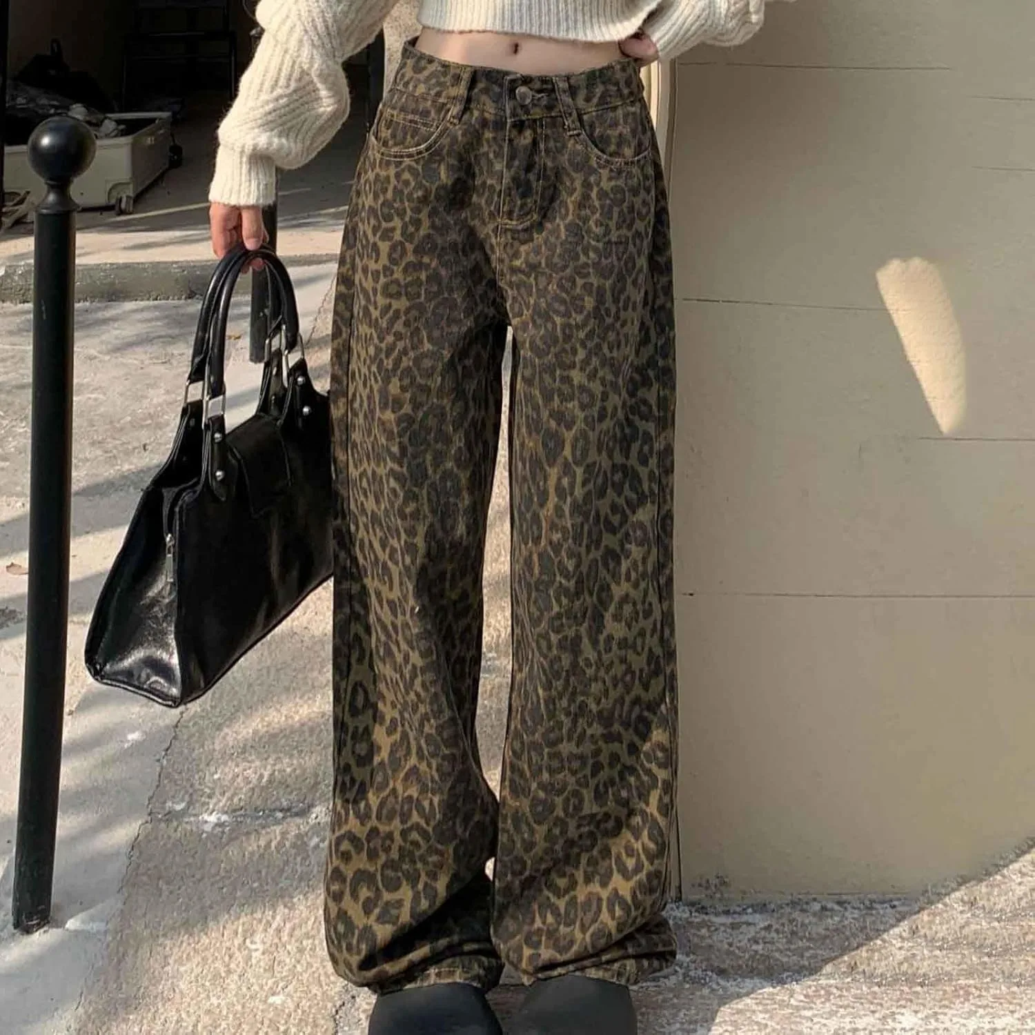 Джинсы Leopard Print для женщин Y2k в стиле стритвир Cheetah с высокой талией и широкими штанинами — фото 4
