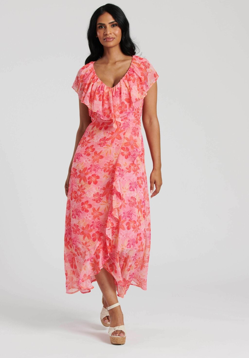 

Длинное платье SUMMER PRINT FRILL NECK WRAP MIDI South Beach, розовый