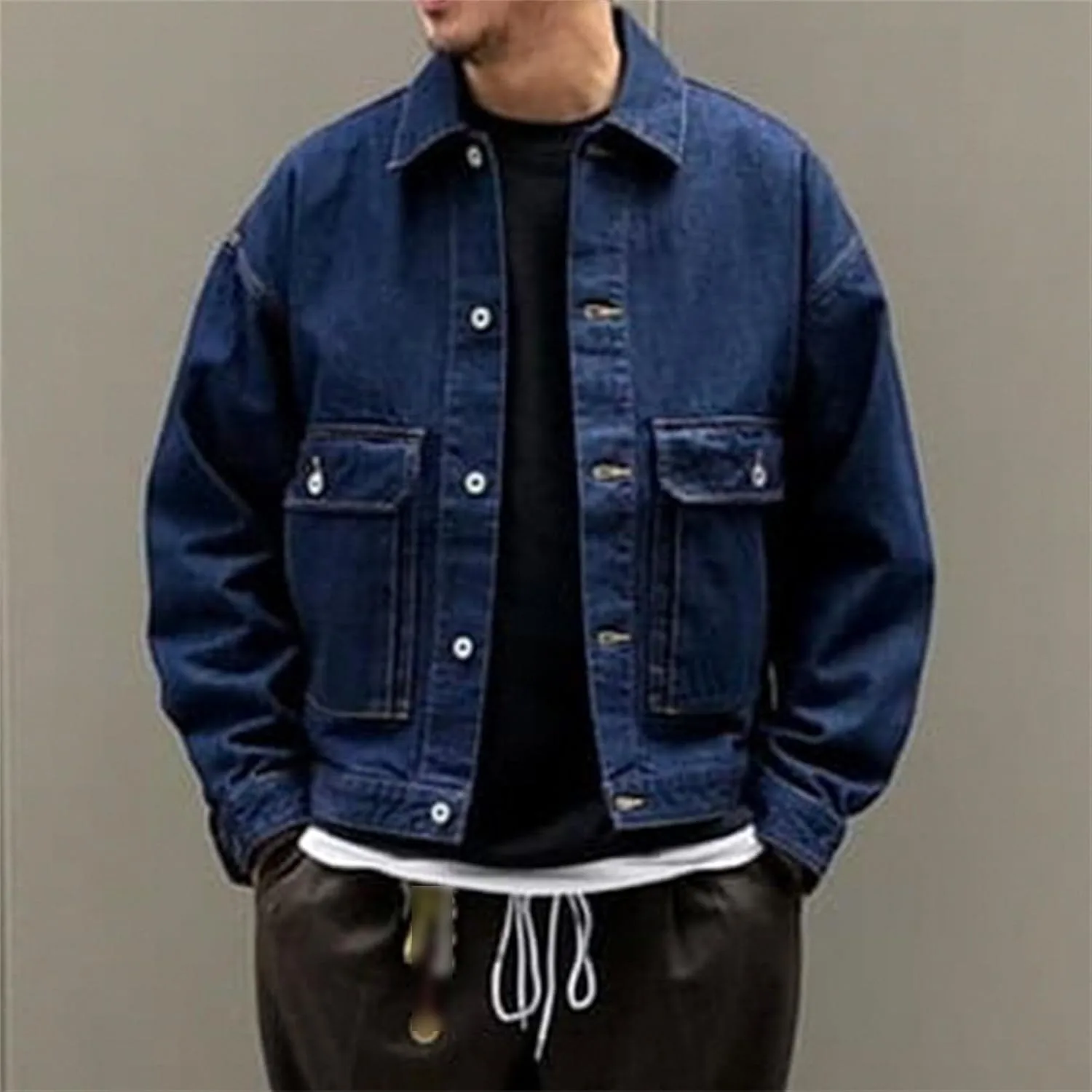 Мужская классическая куртка джинсовая с лацканами, Casual, Slim Fit, карман, джинсовая куртка Generic, темно-синий — фото 2