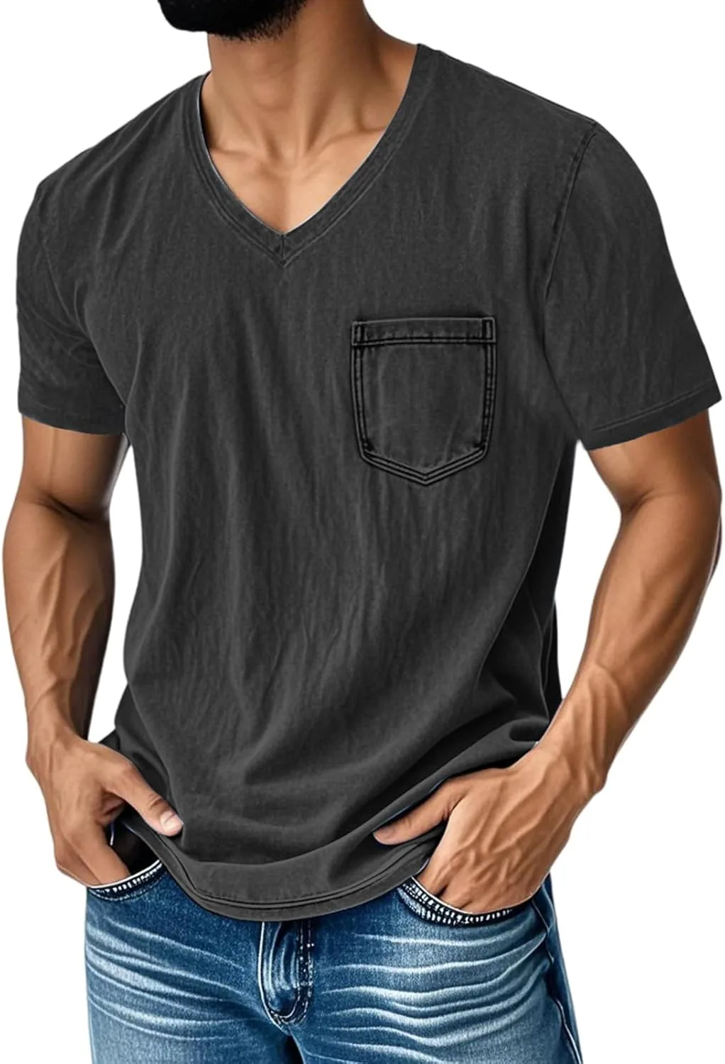 

Мужская футболка с V-образным вырезом, карманы, Casual XDFVC