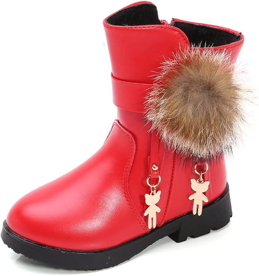 

Водонепроницаемые ботинки на щиколотку для девочек QINGCOMFACAI с боковой молнией и меховой подкладкой, зимние снежные ботинки (для малышей/младших детей/старших детей), Red