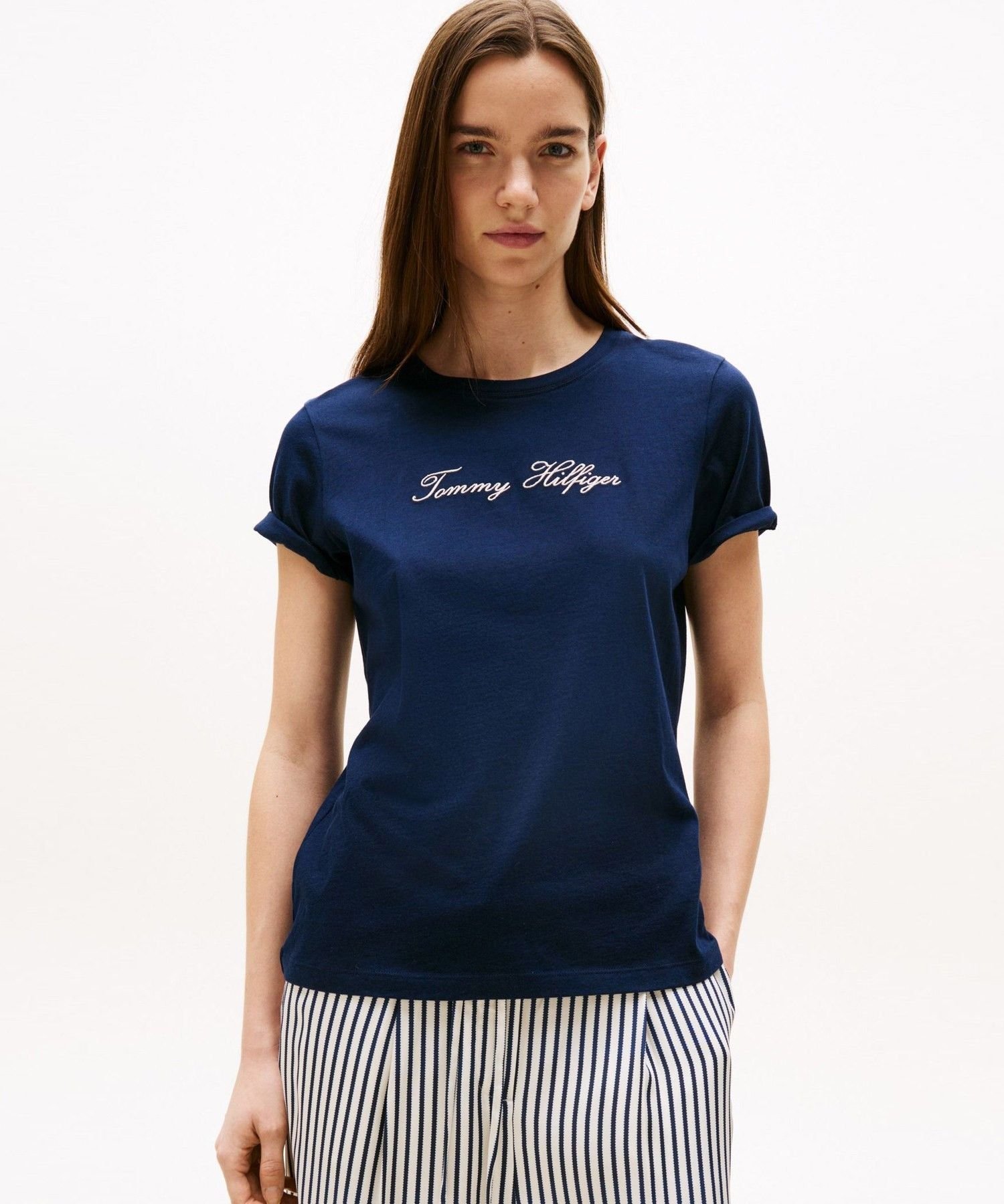 Футболка с коротким рукавом и круглым вырезом, с люрексом и надписью TOMMY HILFIGER, Navy C1G