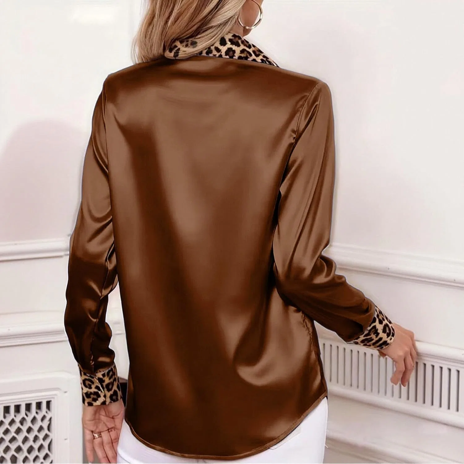 Блуза, женская, button-down, длинный рукав, кофейный — фото 2